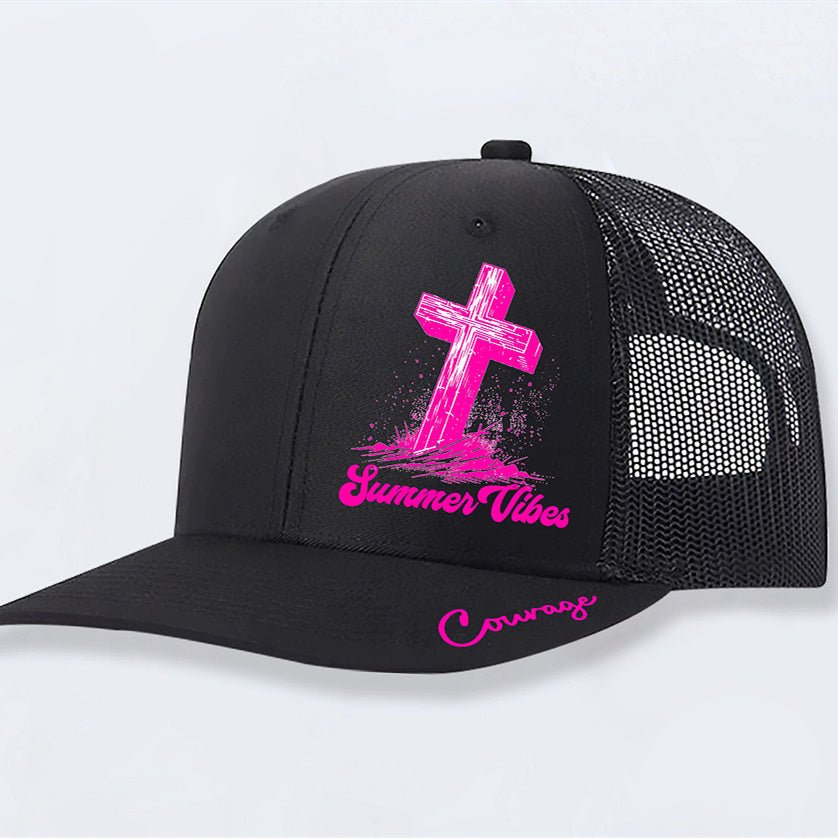 Casual Hat - Polyester Multi - Color - MRC STOREAccessoriesMy StoreA black polyester men's casual hat with a mesh back and a pink graphic that includes a cross and the text 'Summer Vibes' on it.MRC STORECJBQ234002802BYBlackOne size