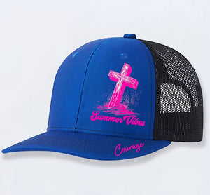 Casual Hat - Polyester Multi - Color - MRC STOREAccessoriesMy StoreA black polyester men's casual hat with a mesh back and a pink graphic that includes a cross and the text 'Summer Vibes' on it.MRC STORECJBQ234002806FUBlueOne size