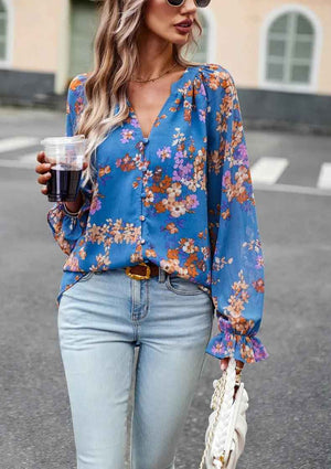 Chic Floral V - Neck Blouse - MRC STOREtopMy StoreChic Floral V - Neck BlouseMRC STORECJCS1792944-Blue-LBlueL