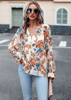 Chic Floral V - Neck Blouse - MRC STOREtopMy StoreChic Floral V - Neck BlouseMRC STORECJCS1792944-Apricot-LApricotL