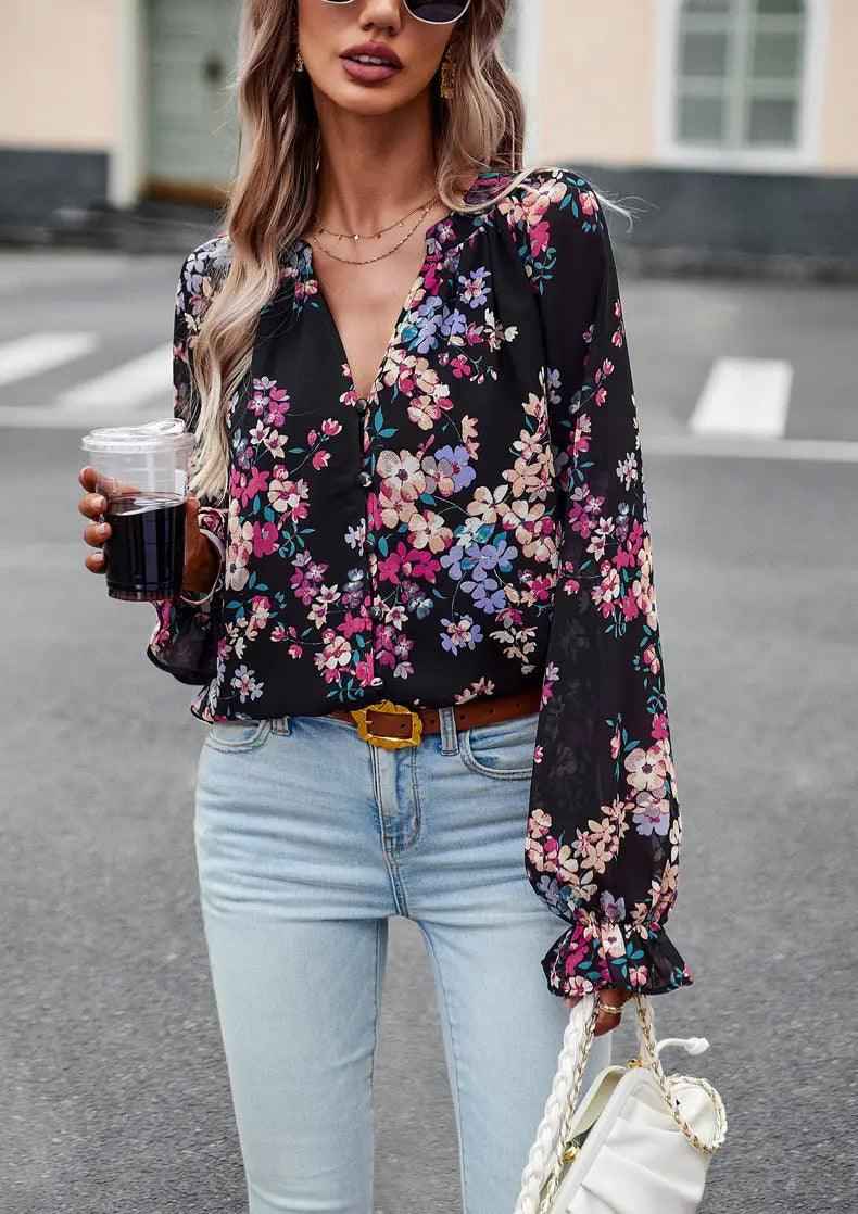 Chic Floral V - Neck Blouse - MRC STOREtopMy StoreChic Floral V - Neck BlouseMRC STORECJCS1792944-Black-LBlackL