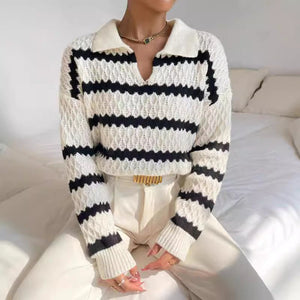 Classic Striped Loose Casual Sweater - MRC STOREsweaterMRC STOREPerson wearing a white and black striped sweater with a neutral backgroundMRC STORECJMY255141103CXBlackL