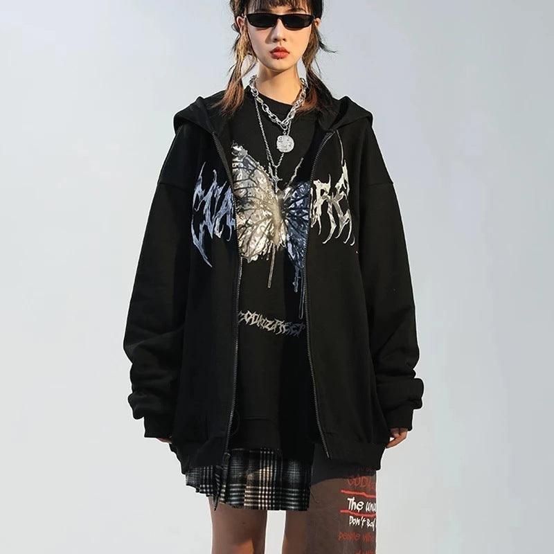 Hooded Zipper Letter Butterfly Print Fleece Cardigan Sweatshirt - Black - MRC STORE