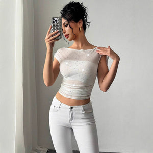 Women’s Sequined T-Shirt - Off-Shoulder Mesh My Store