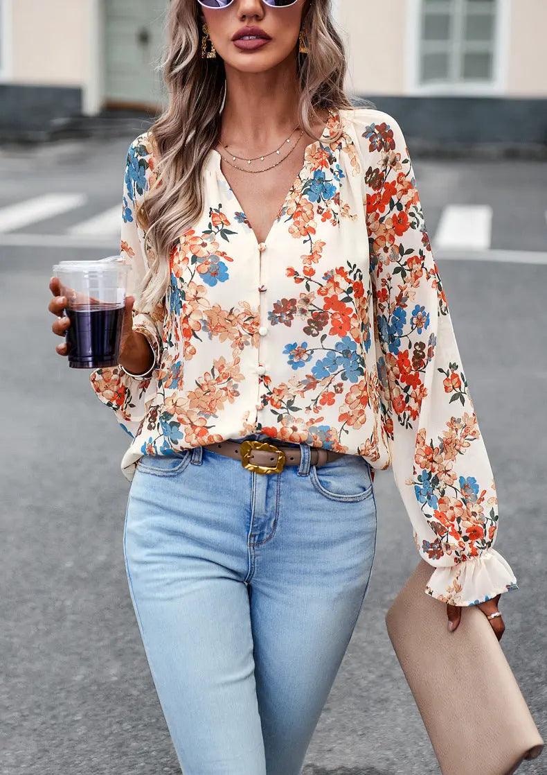 Chic Floral V-Neck Blouse - MRC STORE