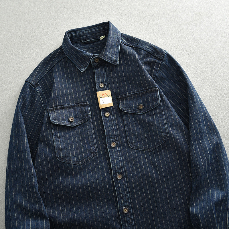 Men’s Denim Shirt - Striped Dark Blue Coat My Store