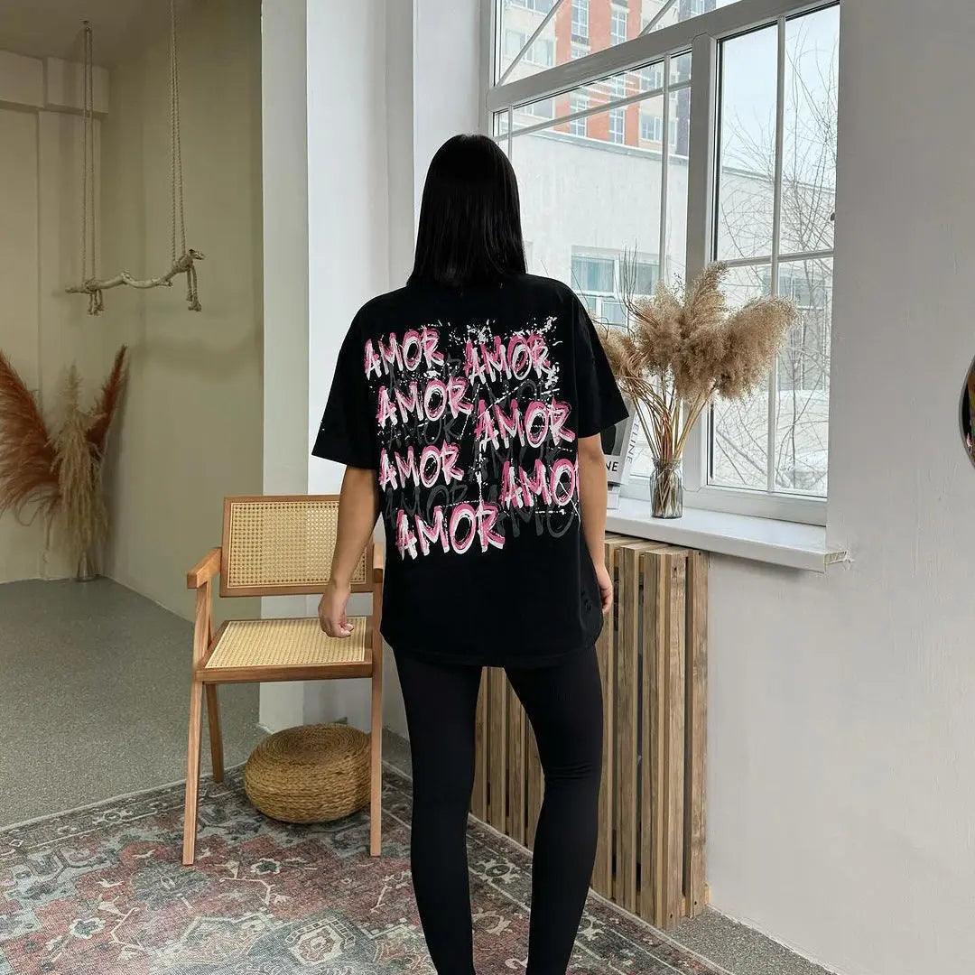 Tatted Letter Print T-Shirt - MRC STORE