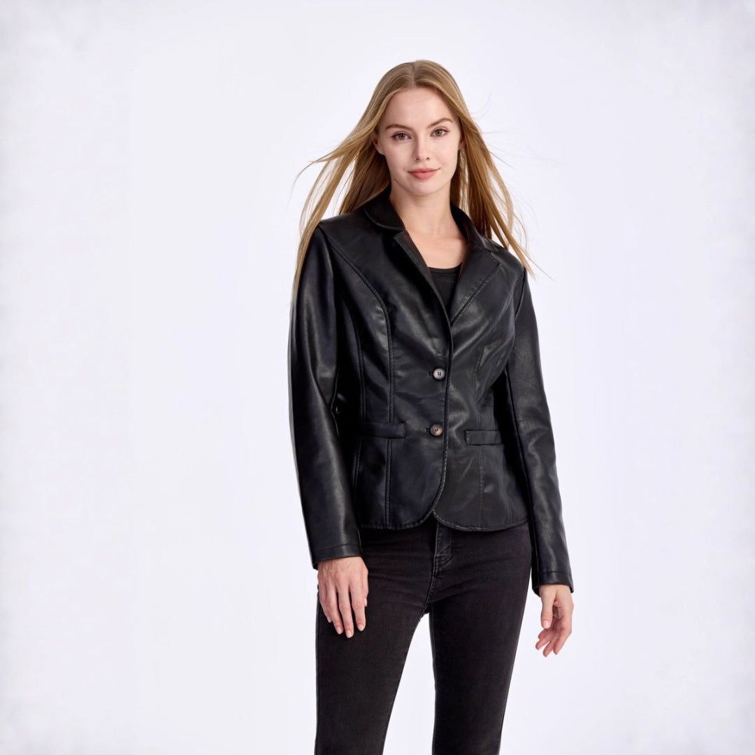 Woman wearing a black leather jacket on a white background