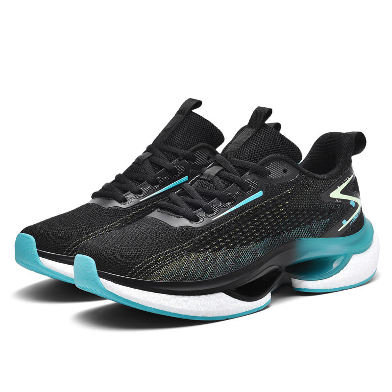 Black and teal running shoes on a white background