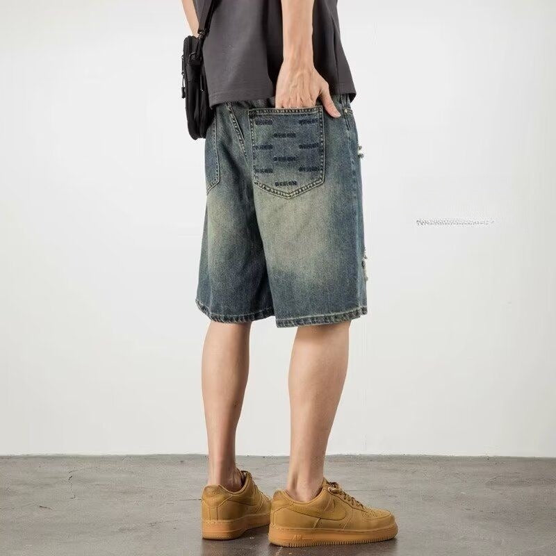 Men’s Denim Shorts - Retro Loose Hole Blue My Store