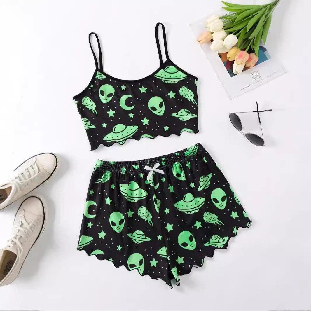 Halloween Pumpkin Print Sleeveless Sling Top and Shorts Pajama Set - MRC STORE