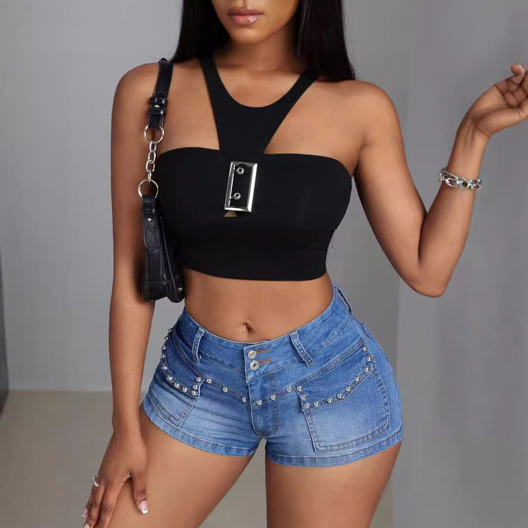 Women’s Denim Shorts - Beaded Mid-Waist Blue My Store