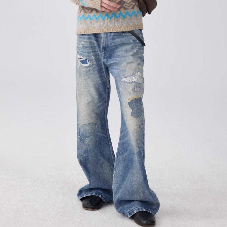Unisex Flared Jeans - Washed Blue Patch Loose My Store