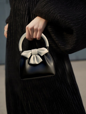 Women's Pleated Handbag Contrast Color Bow Bucket Bag My Store