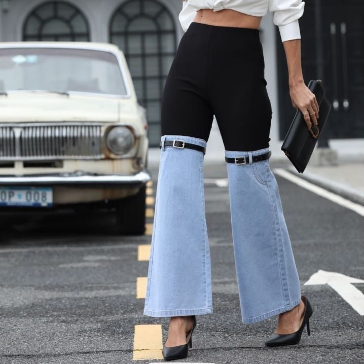 Denim Knit Pants - Elastic Waist Spliced - MRC STOREjeansMy StoreA pair of women's denim knit pants with an elastic waist spliced in blue, black, and gray, worn by a model on a city street.MRC STORECJYD234206407GTSplicing Cowboy BlackL