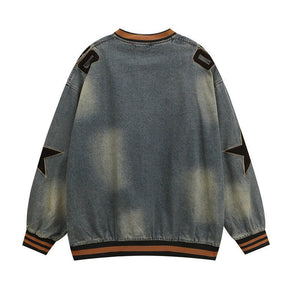 Denim V - Neck Star Letter Sweater - MRC STORESweaters & HoodiesMRC StoreDenim Sweater black accents on a white backgroundMRC STORECJWY252900002BYBlueL
