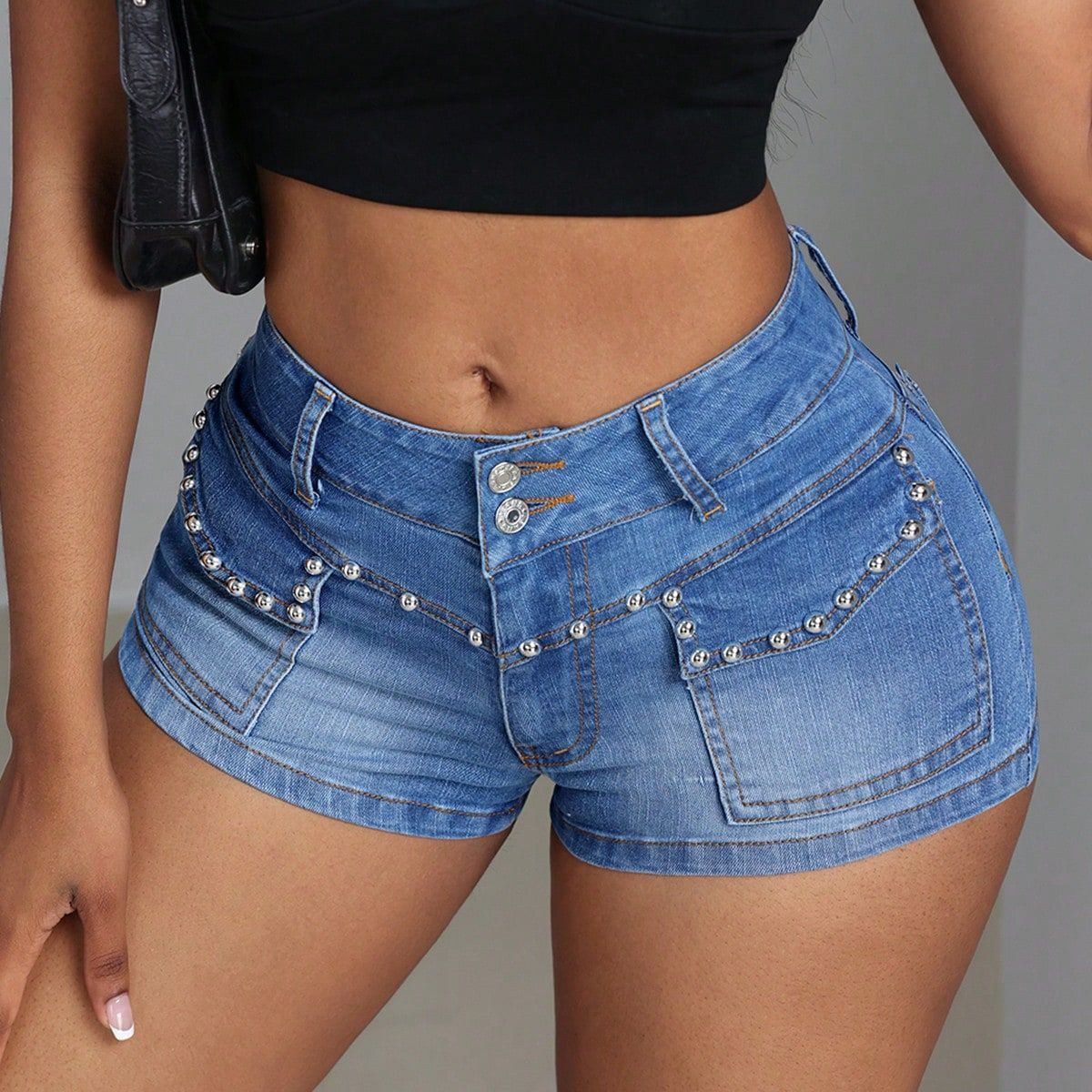 Women’s Denim Shorts - Beaded Mid-Waist Blue My Store 28.99