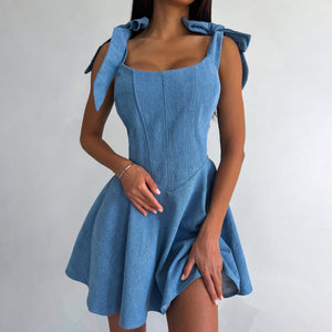 Square Collar Lace-Up Fishbone Waist Dress MRC STORE  45.00