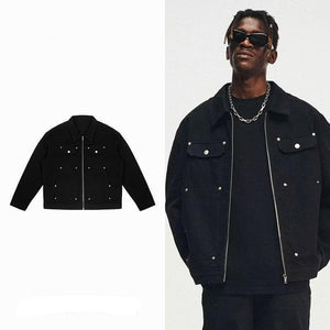 Men's Black Washed Denim Jacket with Zipper and Pocket Detailing - Retro Streetwear Style - MRC STORE
