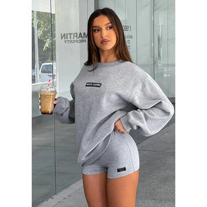 High Waist Printed Tight Shorts & Long Sleeve Top Set - MRC STORE