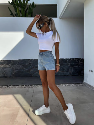 Women’s Denim Shorts - Rhinestone Straight My Store