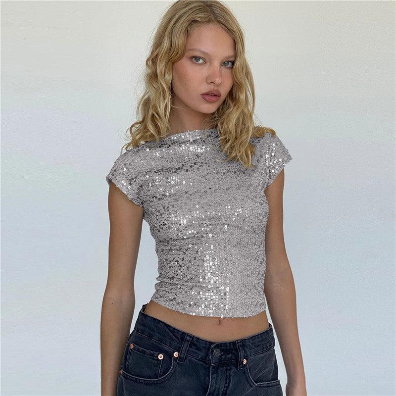 Shine Bright in Our Women's Tops Casual Short Sequin - MRC STORE