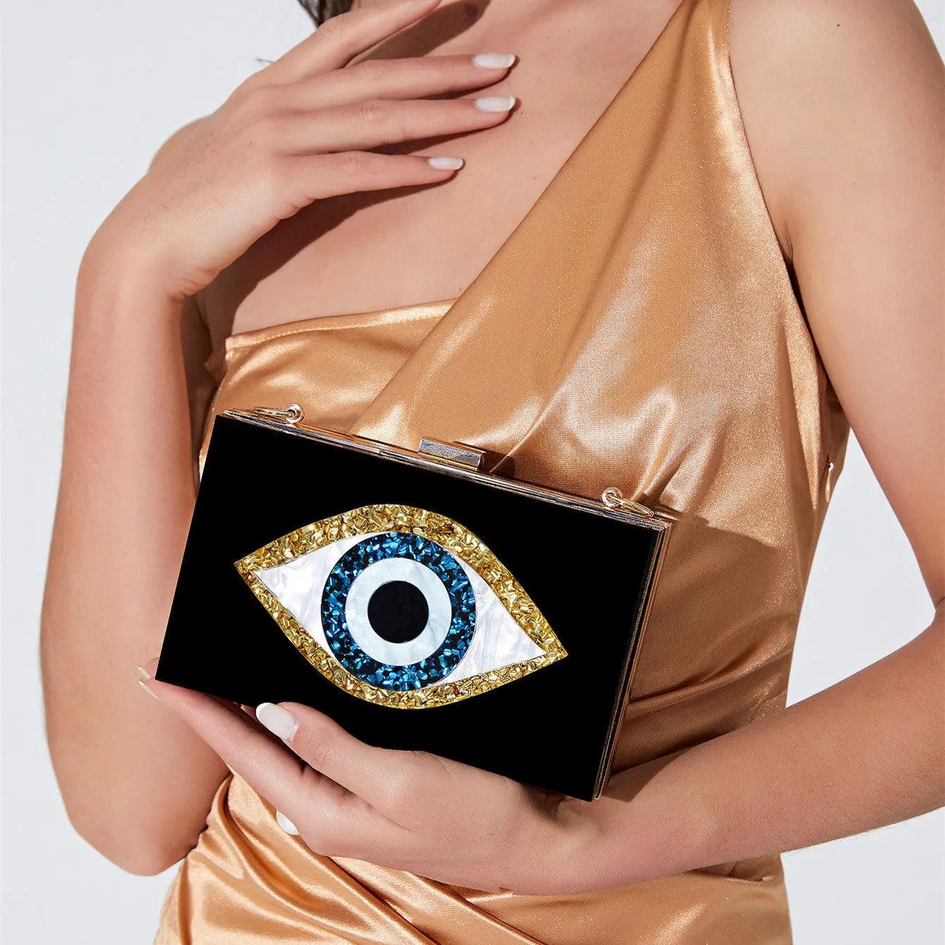 Luxury White Marbled Acrylic Clutch with Evil Eye Chain – Designer Summer Handbag - MRC STORE