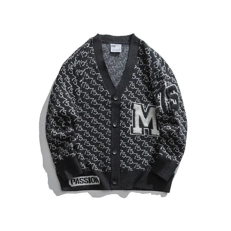Jacquard Letter V-Neck Fashion Cardigan Sweater - MRC STORE