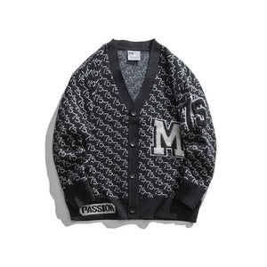 Jacquard Letter V-Neck Fashion Cardigan Sweater - MRC STORE