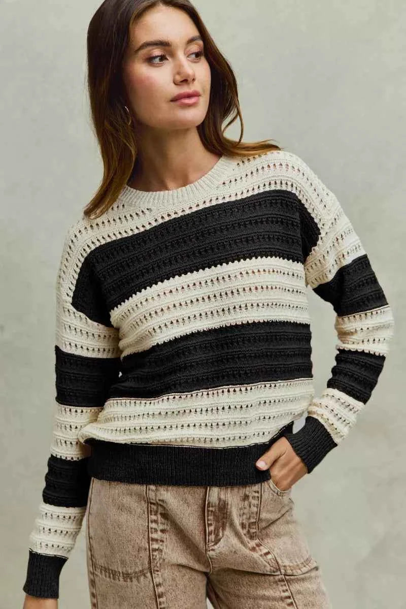 SO ME Openwork Round Neck Wide Stripe Textured Sweater