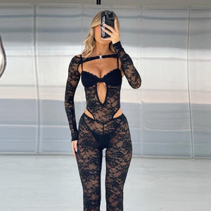 Slim-Fit Lace Long-Sleeved Jumpsuit Bold and Elegant in Black - MRC STORE