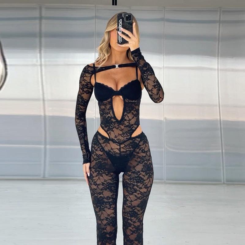 Slim-Fit Lace Long-Sleeved Jumpsuit Bold and Elegant in Black - MRC STORE