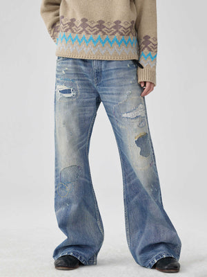 Unisex Flared Jeans - Washed Blue Patch Loose My Store
