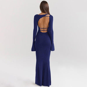 Elegant Solid Color Dress Backless Slim Fit Long Dress – High Waist Fashion - MRC STORE