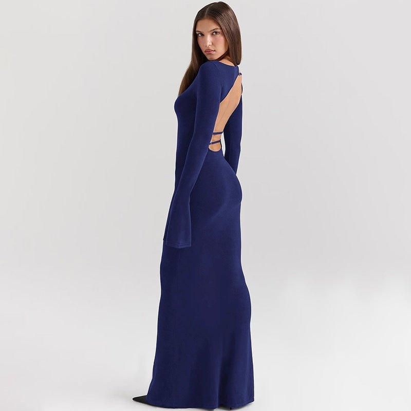 Elegant Solid Color Dress Backless Slim Fit Long Dress – High Waist Fashion - MRC STORE