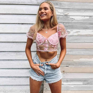 Embroidered Mesh Short T-Shirt - MRC STOREtopMy StoreEmbroidered Mesh Short T-ShirtMRC STORECJNSSYCS05221-Pink-LPinkL