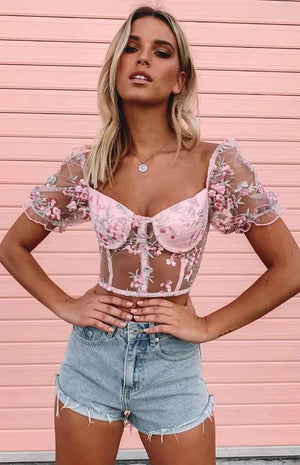 Embroidered Mesh Short T-Shirt - MRC STOREtopMy StoreEmbroidered Mesh Short T-ShirtMRC STORECJNSSYCS05221-Pink-LPinkL