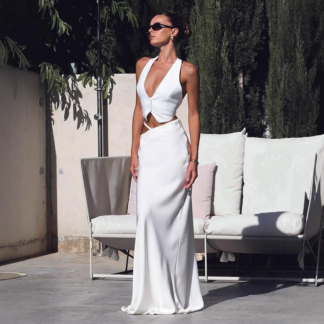Solid Color Hollow-Out Bodycon Skirt Maxi Skirt – Elegant Polyester Long Skirt for Sophisticated Commute - MRC STORE