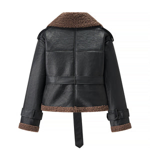 Black leather jacket with brown shearling trim on a white background
