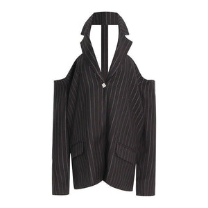 Fashion Shoulder-Baring Back Rhinestone Blazer – Striped Loose Fit for Women - MRC STORE