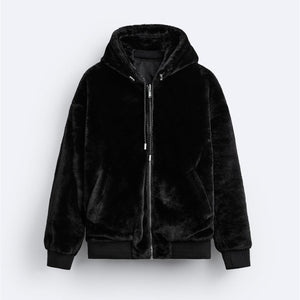 Plush Hooded Faux Fur coat - Cozy and Stylish Outerwear for Cold Weather- Double-Sided Design with Stick Pockets - MRC STORE