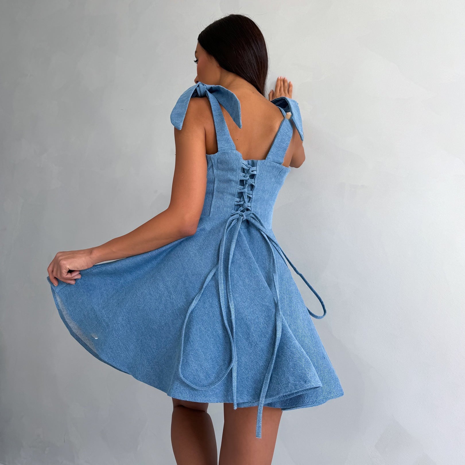 Square Collar Lace-Up Fishbone Waist Dress MRC STORE