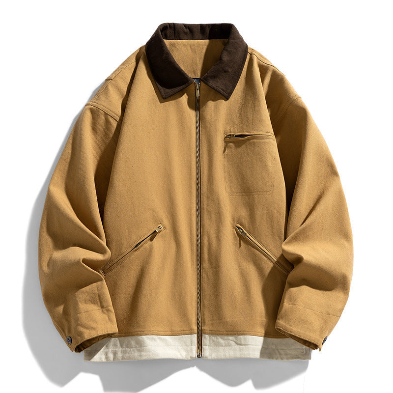 Men’s Contrast Color Washed Polo Collar Jacket - Loose Fit Cotton Long Sleeve My Store 77.05