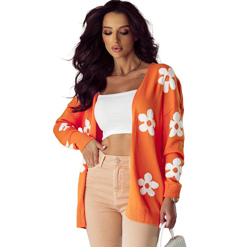 Floral Thermal Knit Cardigan – Loose Fit - MRC STORESweaters & HoodiesMy StoreFloral Print Thermal Knit Cardigan – Loose Acrylic Cardigan for Womem - MRC STOREMRC STORECJMY229228603CXLC2711718 OrangeL