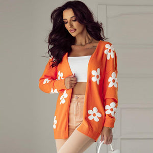 Floral Thermal Knit Cardigan – Loose Fit - MRC STORESweaters & HoodiesMy StoreFloral Print Thermal Knit Cardigan – Loose Acrylic Cardigan for Womem - MRC STOREMRC STORECJMY229228603CXLC2711718 OrangeL
