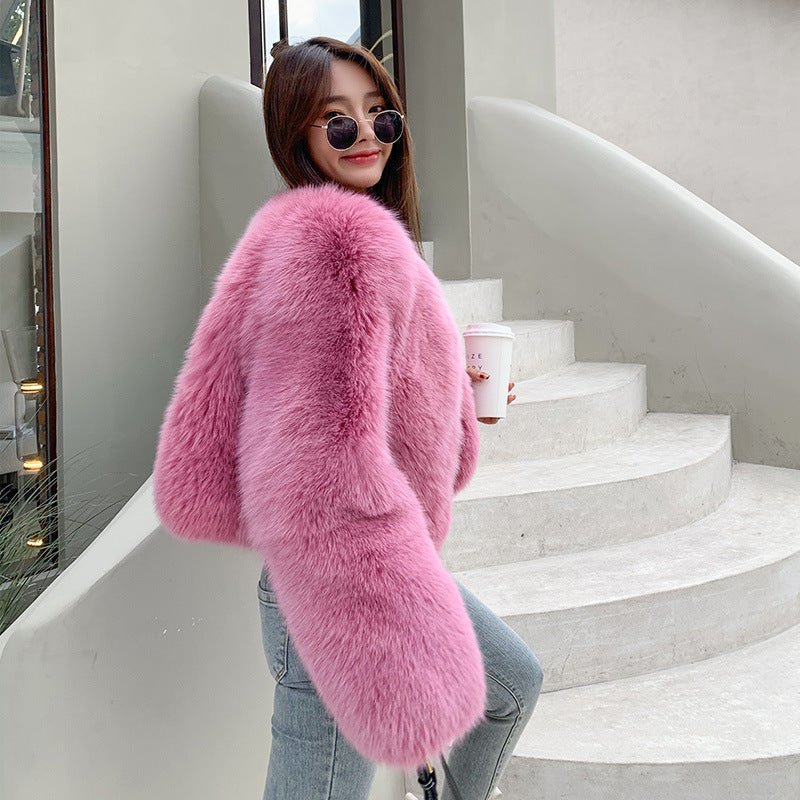 Fox Fur Coat - Elegant Commute Purple - MRC STOREJacketsMRC STOREPerson wearing a pink fluffy coat standing on a staircase.MRC STORECJQB160767503CXPurpleL
