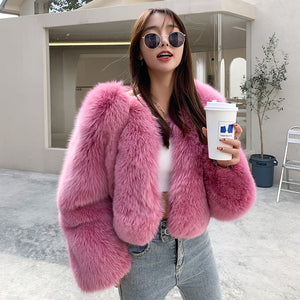 Fox Fur Coat - Elegant Commute Purple - MRC STOREJacketsMRC STOREWoman wearing a pink fur coat holding a cup outdoors.MRC STORECJQB160767503CXPurpleL