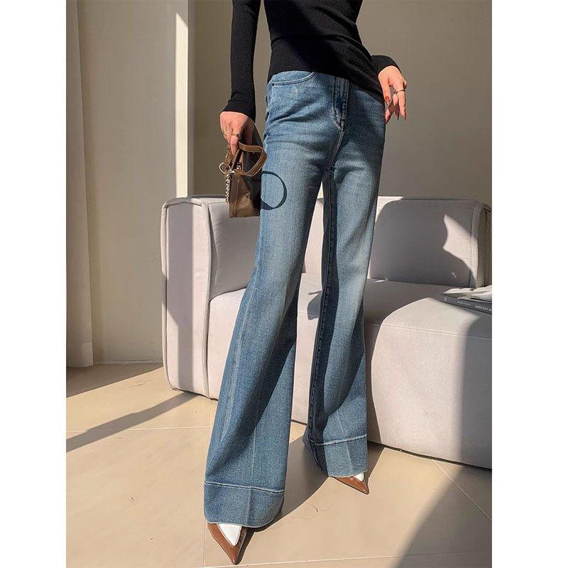 French Retro Style High Waist Bootcut Jeans for Women – Washed Denim Trousers - MRC STORE