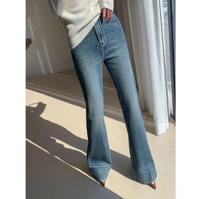 French Retro Style High Waist Bootcut Jeans for Women – Washed Denim Trousers - MRC STORE