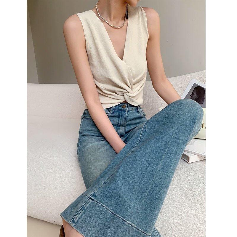 French Retro Style High Waist Bootcut Jeans for Women – Washed Denim Trousers - MRC STORE